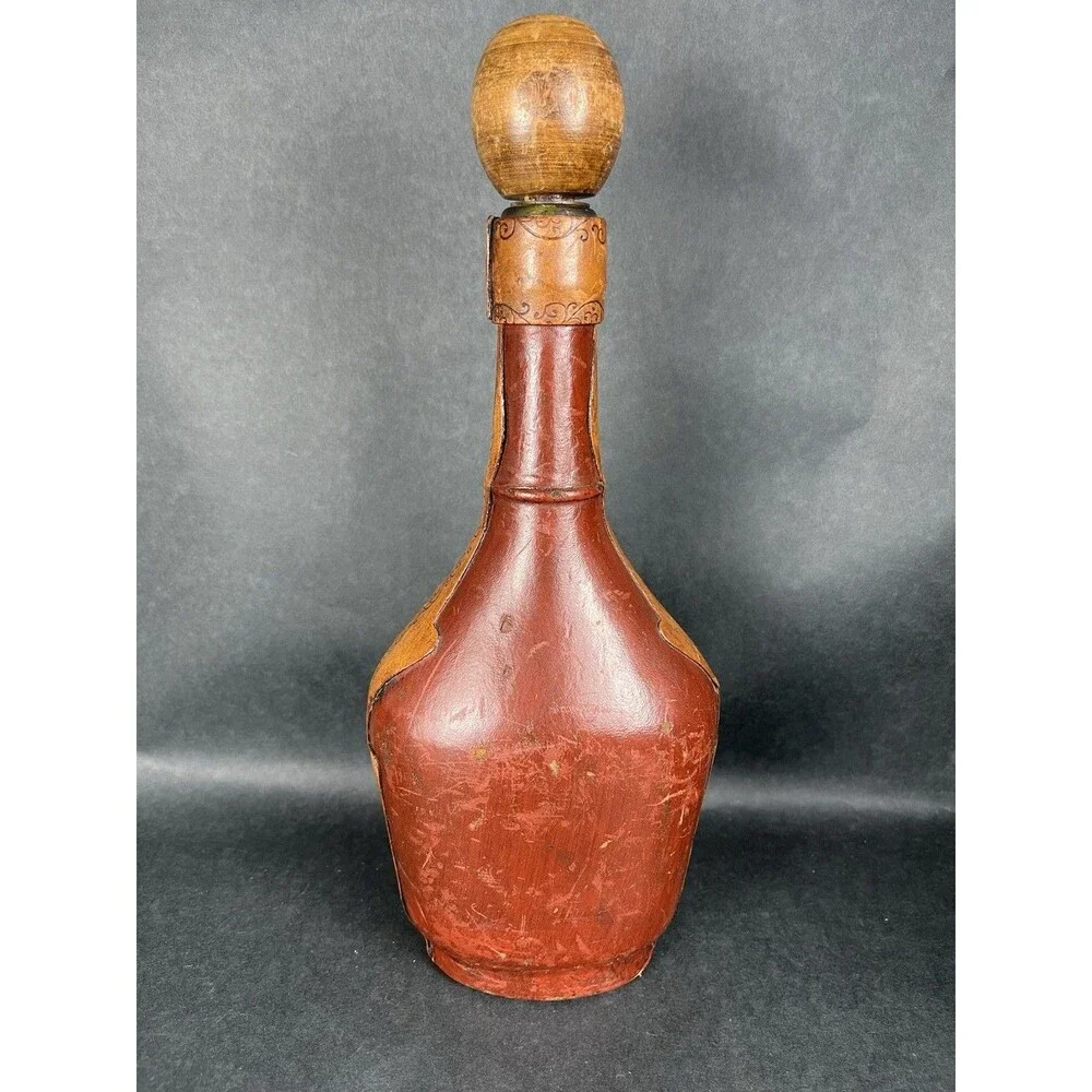 VTG Italian Leather Wrapped Decanter Bottle Fleur-de-lis Shield Crest MCM 13”